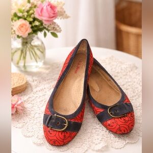 L.L. Bean Red Navy Anchor Print Ballet Flats Buckle Accent Nautical Shoes 7.5M
